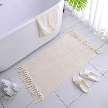 JE JOUE Boho Bathroom Rug ，Small 2'x3' Door Mat ，Hand Woven Tassel Solid Color Area Rug, for Lau...