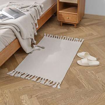 JE JOUE Boho Bathroom Rug ，Small 2'x3' Door Mat ，Hand Woven Tassel Solid Color Area Rug, for Laundry Kitchen Outdoor Bathroom Dorm entryway Foyer Bedroom Back Door Decor