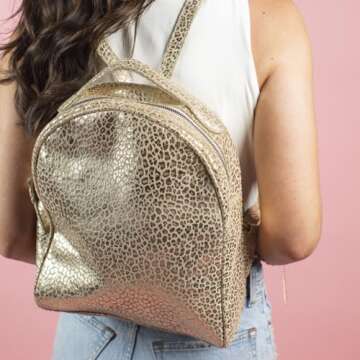 JANE MARIE Genuine Leather Women's Gold Leopard Print Backpack, JM8760-BACKPK