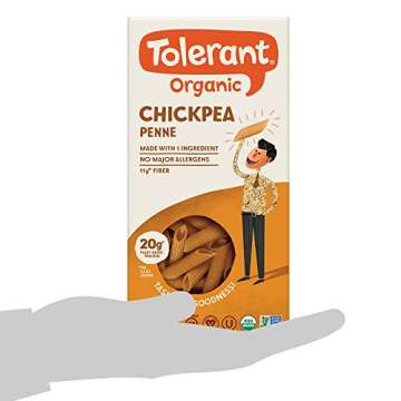 Tolerant Organic Gluten Free Chickpea Penne Pasta, Plant Based Protein, Vegan Pasta, Single Ingredient Protein Pasta, Whole Food, Clean Pasta, Low Glycemic Index Pasta,, 8 Ounce (Pack of 1)