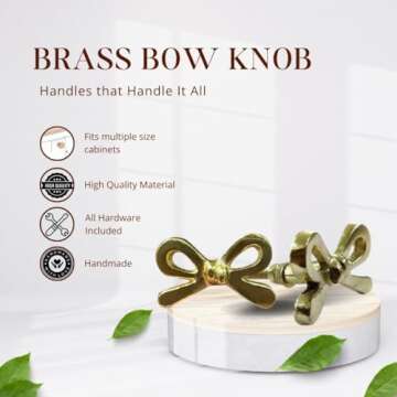 Perilla Home Set of 8 Brass Metal Knobs for Cabinet & Drawers Decorative Bow Knobs for Home Kitchen Cabinet Hardware Cupboard Glass Door Dresser Wardrobe and Drawer Pulls