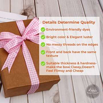 Ribbli Light Pink and White Gingham Ribbon,100% Polyester Woven Edge,5/8 Inch x 10 Yard,Plaid Ribbon...