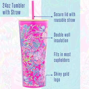 Lilly Pulitzer Double Wall Tumbler with Lid and Reusable Straw, Insulated Travel Cup Holds 24 Ounces, Shell Me Something Good