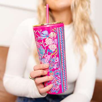 Lilly Pulitzer Double Wall Tumbler with Lid and Reusable Straw, Insulated Travel Cup Holds 24 Ounces, Shell Me Something Good