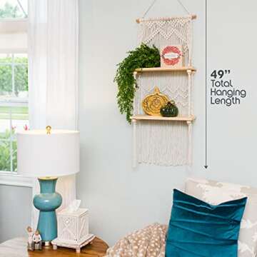 SnugLife 2 Tier Macrame Wall Hanging Shelf with Woven Rope - Boho Pine Wood Shelves for Plants, Bath...