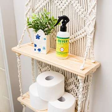 SnugLife 2 Tier Macrame Wall Hanging Shelf with Woven Rope - Boho Pine Wood Shelves for Plants, Bathroom, Kitchen
