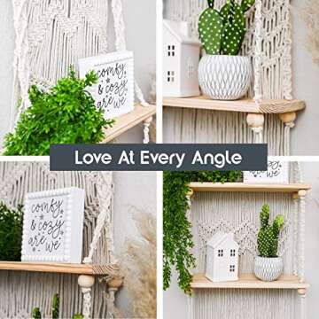 SnugLife 2 Tier Macrame Wall Hanging Shelf with Woven Rope - Boho Pine Wood Shelves for Plants, Bathroom, Kitchen