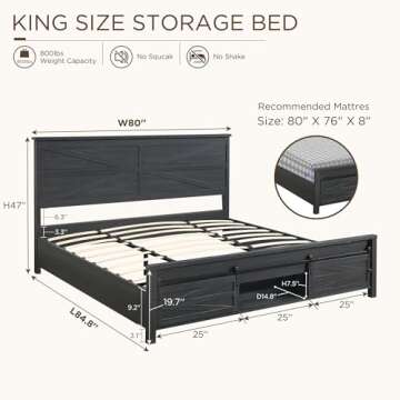 JXQTLINGMU Farmhouse Wood Bed Frame King Size with Sliding Barn Door Storage Cabinets and Headboard,...