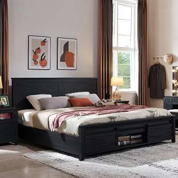 Farmhouse King Bed Frame with Sliding Barn Door Storage