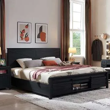 Farmhouse King Bed Frame with Sliding Barn Door Storage