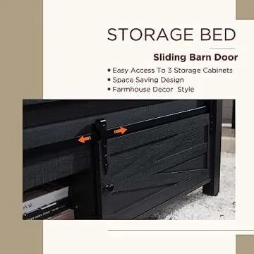Farmhouse King Bed Frame with Sliding Barn Door Storage