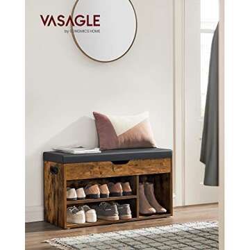 VASAGLE Storage Bench with Cushion, Shoe Bench with Padded Seat, 3 Compartments, Hidden Storage, Shelves, Entryway Bedroom, Load Capacity 300 lb, 11.8 x 31.5 x 17.3 Inches, Rustic Brown and Ink Black