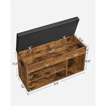 VASAGLE Storage Bench with Cushion, Shoe Bench with Padded Seat, 3 Compartments, Hidden Storage, Shelves, Entryway Bedroom, Load Capacity 300 lb, 11.8 x 31.5 x 17.3 Inches, Rustic Brown and Ink Black