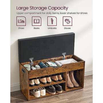 VASAGLE Storage Bench with Cushion, Shoe Bench with Padded Seat, 3 Compartments, Hidden Storage, Shelves, Entryway Bedroom, Load Capacity 300 lb, 11.8 x 31.5 x 17.3 Inches, Rustic Brown and Ink Black