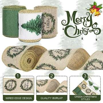 AnyDesign Christmas Wired Edge Ribbon 2.5 Inch White Green Christmas Tree Craft Ribbon Gold Glitter Wired Fabric Ribbon for Wrapping DIY Bow Wreath Crafts Making, 18 Yards, 3 Rolls