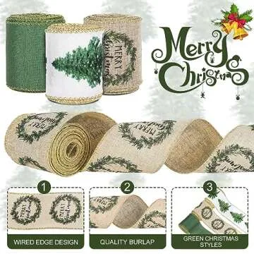 AnyDesign Christmas Wired Edge Ribbon 2.5 Inch White Green Christmas Tree Craft Ribbon Gold Glitter Wired Fabric Ribbon for Wrapping DIY Bow Wreath Crafts Making, 18 Yards, 3 Rolls