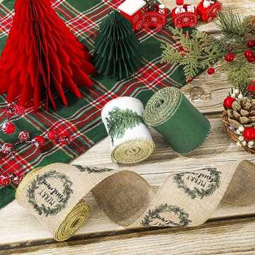 AnyDesign Christmas Wired Edge Ribbon 2.5 Inch White Green Christmas Tree Craft Ribbon Gold Glitter Wired Fabric Ribbon for Wrapping DIY Bow Wreath Crafts Making, 18 Yards, 3 Rolls