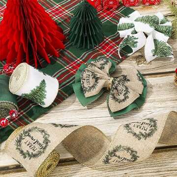 AnyDesign Christmas Wired Edge Ribbon 2.5 Inch White Green Christmas Tree Craft Ribbon Gold Glitter Wired Fabric Ribbon for Wrapping DIY Bow Wreath Crafts Making, 18 Yards, 3 Rolls