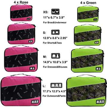 Idesort 8 Set Packing Cubes, Travel Luggage Bags Organizers Mixed Color Set (Rose Green)