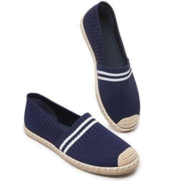 BABUDOG Womens Espadrilles Breathable Flats Shoes Mesh Slip on Loafers Soft White Flats(Navy.US8)
