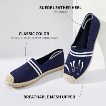 BABUDOG Womens Espadrilles Breathable Flats Shoes Mesh Slip on Loafers Soft White Flats(Navy.US8)