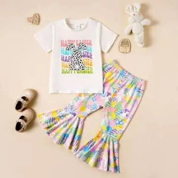 Tinypainter Girl Easter Outfit Short Sleeve Bunny T-Shir+Flared Bell Bottom Pants Easter Clothes