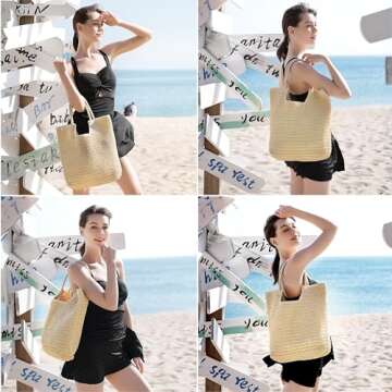 TOBEHIGHER Straw Beach Bags for Women - Summer Woven Tote Bag Shoulder Handbags, Large Beach Bag for...