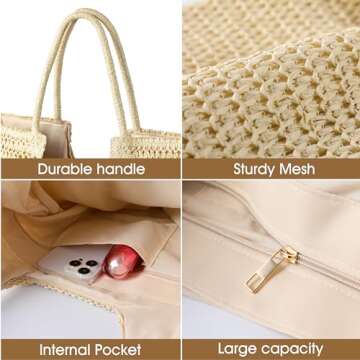 TOBEHIGHER Straw Beach Bags for Women - Summer Woven Tote Bag Shoulder Handbags, Large Beach Bag for Women for Holiday, White