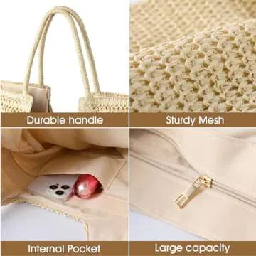 TOBEHIGHER Straw Beach Bags for Women - Summer Woven Tote Bag Shoulder Handbags, Large Beach Bag for Women for Holiday, White