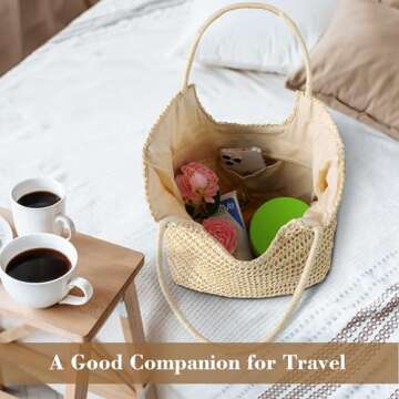 TOBEHIGHER Straw Beach Bags for Women - Summer Woven Tote Bag Shoulder Handbags, Large Beach Bag for Women for Holiday, White