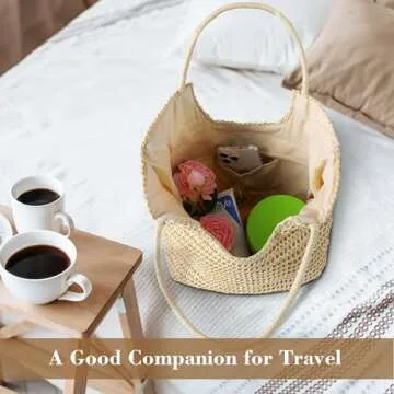 TOBEHIGHER Straw Beach Bags for Women - Summer Woven Tote Bag Shoulder Handbags, Large Beach Bag for Women for Holiday, White