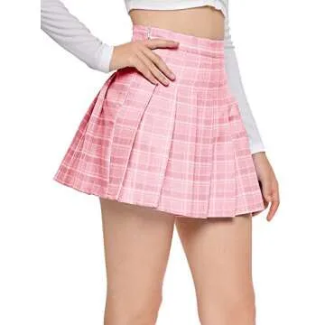SweatyRocks Women's Casual High Waist Plaid A Line Pleated Mini Skirt Pink XS