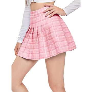 SweatyRocks Women's Casual High Waist Plaid A Line Pleated Mini Skirt Pink XS
