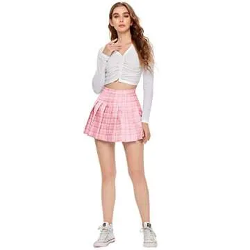 SweatyRocks Women's Casual High Waist Plaid A Line Pleated Mini Skirt Pink XS
