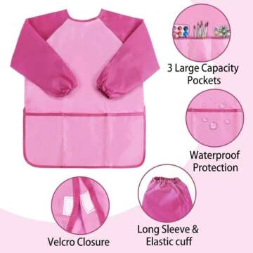 Kopokita Kids Art Smock, Kids Painting Apron, Waterproof Children Artist Smock with Long Sleeve with 3 Pockets for Toddlers Age 2-6 (Pink)