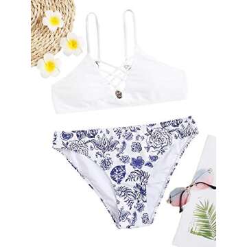 SweatyRocks Women's Bathing Suit Adjustable Spaghetti Strap Floral Print Criss Cross Bikini Set