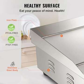 VEVOR Commercial Electric Griddle, 22", 1600W Countertop Flat Top Griddle, Stainless Steel Teppanyaki Grill w/Iron Cooking Plate, 122-572℉ Adjustable Temp Control 2 Shovels & Brushes, 110V