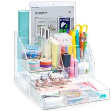 ARCOBIS Acrylic Desk Organizer with 2 Drawers, Clear Office Desktop Accessories Stationery Pen Organ...