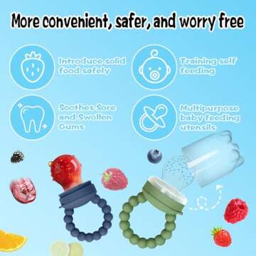 Silicone Baby Fruit Food Feeder, 2 Pack Freezer Tray with lid for Batch Prep,Introduce New Foods, Breastmilk Popsicle Molds, Silicone Teething Toys, Includes 6 Extra Food Pacifier