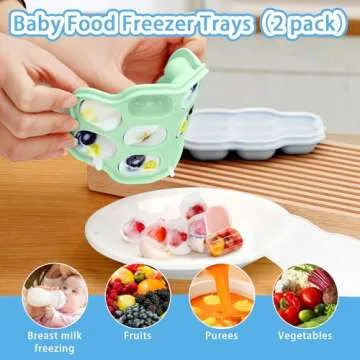 Silicone Baby Fruit Food Feeder, 2 Pack Freezer Tray with lid for Batch Prep,Introduce New Foods, Breastmilk Popsicle Molds, Silicone Teething Toys, Includes 6 Extra Food Pacifier