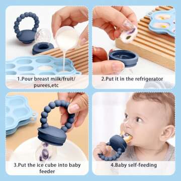 Silicone Baby Fruit Food Feeder, 2 Pack Freezer Tray with lid for Batch Prep,Introduce New Foods, Breastmilk Popsicle Molds, Silicone Teething Toys, Includes 6 Extra Food Pacifier