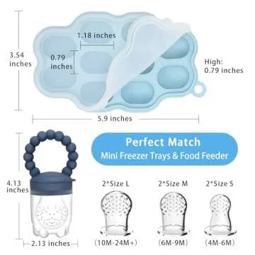 Silicone Baby Fruit Food Feeder, 2 Pack Freezer Tray with lid for Batch Prep,Introduce New Foods, Breastmilk Popsicle Molds, Silicone Teething Toys, Includes 6 Extra Food Pacifier
