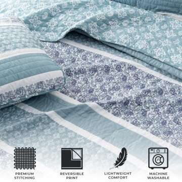 Great Bay Home 3-Piece Reversible Blue King Quilt Comforter with 2 Shams | Lightweight, All-Season, Cozy, Modern Bedspreads | Paisley Coverlet Sets | Kadi Collection
