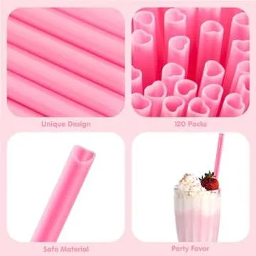 JOYIN 120 PCS Heart Shaped Pink Straws, Reusable Drinking Cute Straw for Cocktail Party, Birthday Party, Bridal Shower, Wedding Supplies