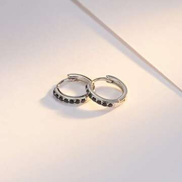 SWEETV 925 Sterling Silver Hoop Earrings for Women- Small Huggie Hoop Earrings Cubic Zirconia, Black