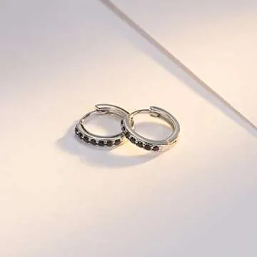 SWEETV 925 Sterling Silver Hoop Earrings for Women- Small Huggie Hoop Earrings Cubic Zirconia, Black