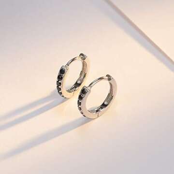 SWEETV 925 Sterling Silver Hoop Earrings for Women- Small Huggie Hoop Earrings Cubic Zirconia, Black