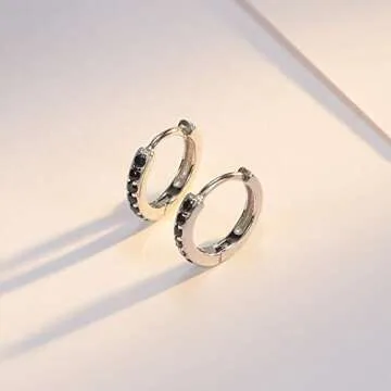 SWEETV 925 Sterling Silver Hoop Earrings for Women- Small Huggie Hoop Earrings Cubic Zirconia, Black