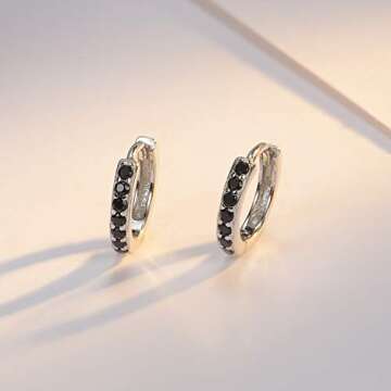 SWEETV 925 Sterling Silver Hoop Earrings for Women- Small Huggie Hoop Earrings Cubic Zirconia, Black