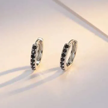 SWEETV 925 Sterling Silver Hoop Earrings for Women- Small Huggie Hoop Earrings Cubic Zirconia, Black
